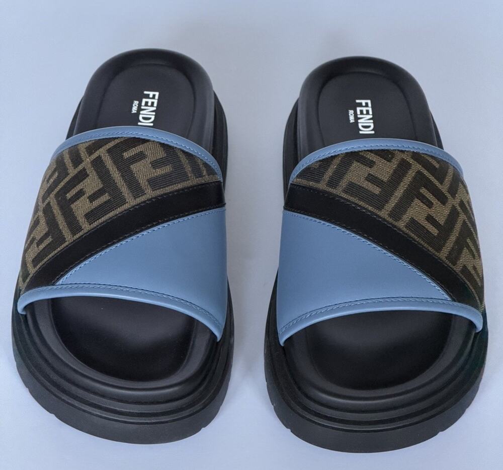 Fendi Men's FF Diagonal Leather/Fabric Slide Sandals 10 US/9 UK 7X1674 NWT $595